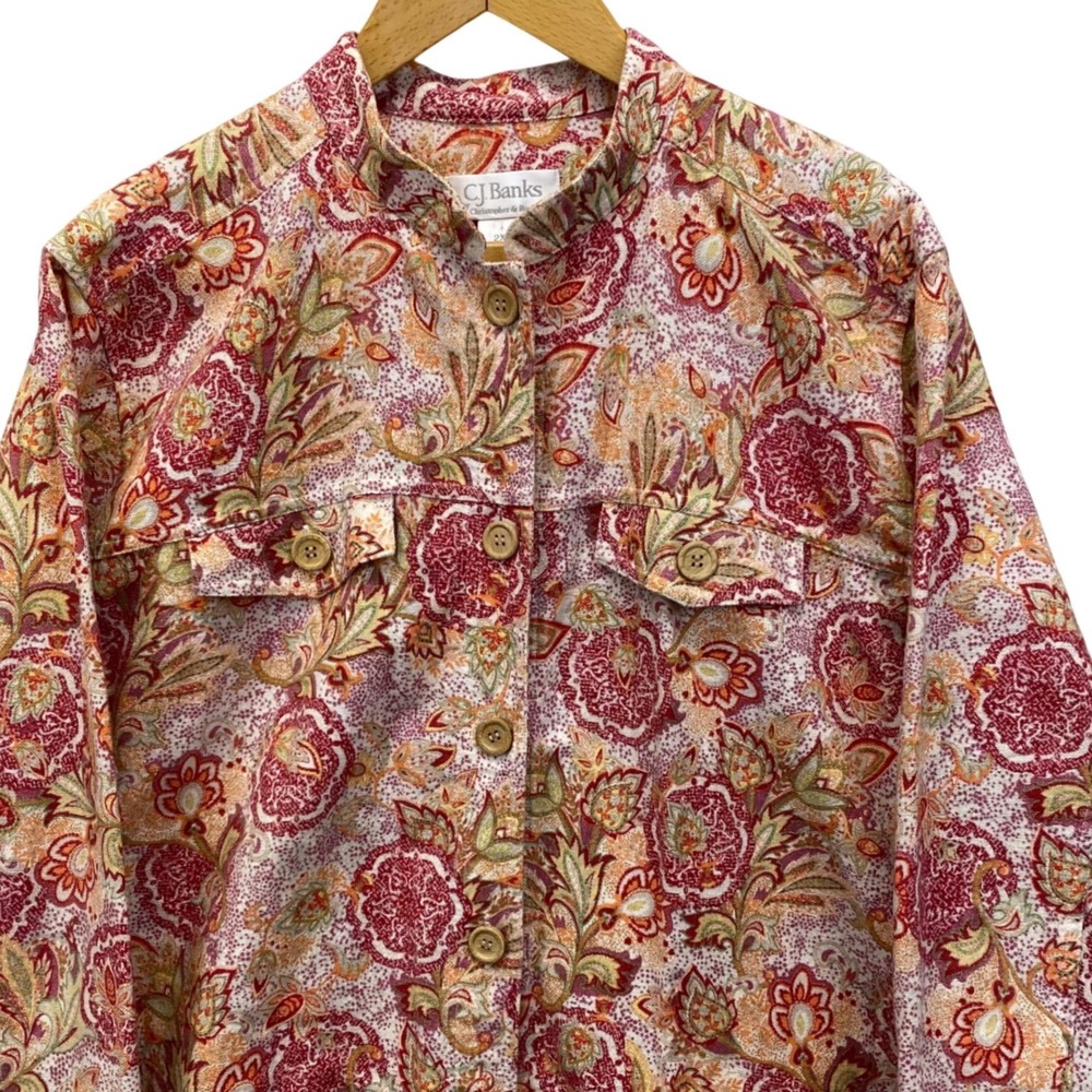 CJ Banks Linen Blend Paisley Jacket Womens 2X Red Orange Floral Button Up